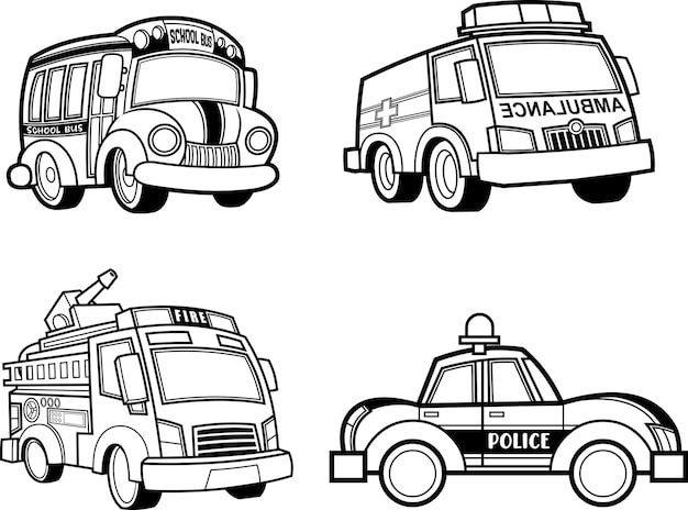 Outlined Different Cartoon Truck. Vector Hand Drawn Collection Set