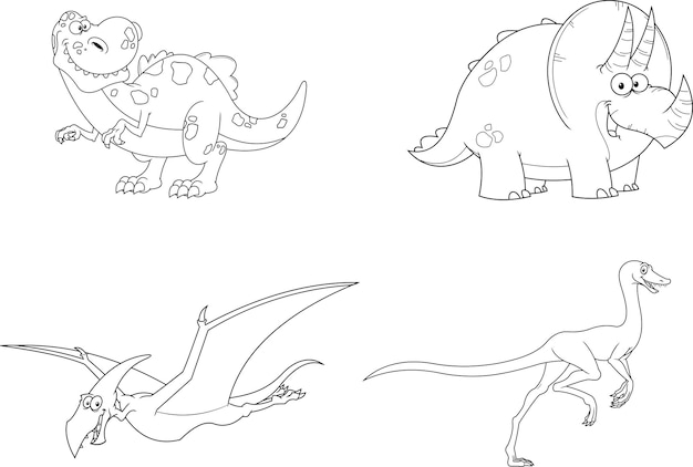 Outlined Dinosaur Cartoon Characters. Vector Hand Drawn Collection Set Isolated On White Background