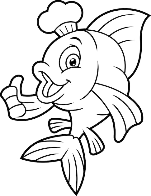 Outlined Fish Chef Cartoon Character Showing Thumbs Up. Vector Hand Drawn Illustration