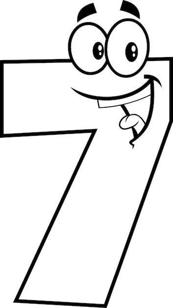 Outlined Funny Number Seven 7 Cartoon Character. Vector Hand Drawn Illustration