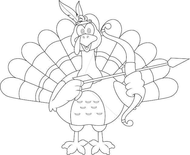 Outlined Funny Thanksgiving Turkey Bird Cartoon Character With Bow And Arrow