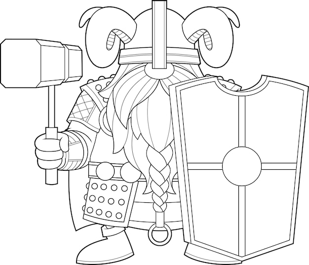 Outlined Gnome Viking Cartoon Character With Hammer And Shield. Vector Hand Drawn Illustration