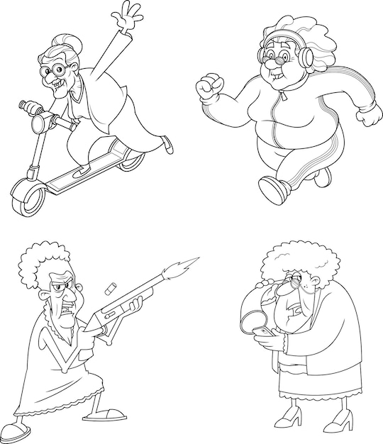 Outlined Grandma Cartoon Characters. Vector Collection Set Isolated On White Background