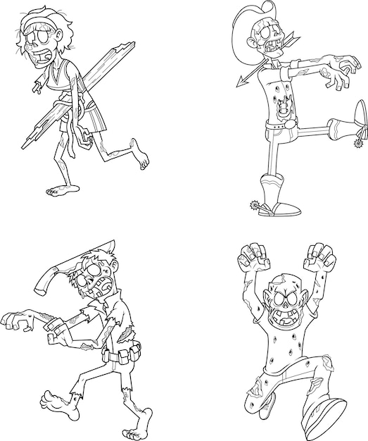 Outlined Halloween Cartoon Characters Zombie Vector Collection Set Isolated On White Background