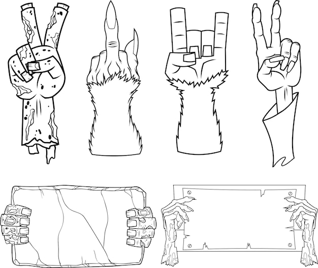 Outlined Halloween Cartoon Zombie Hands Vector Collection Set Isolated On White Background