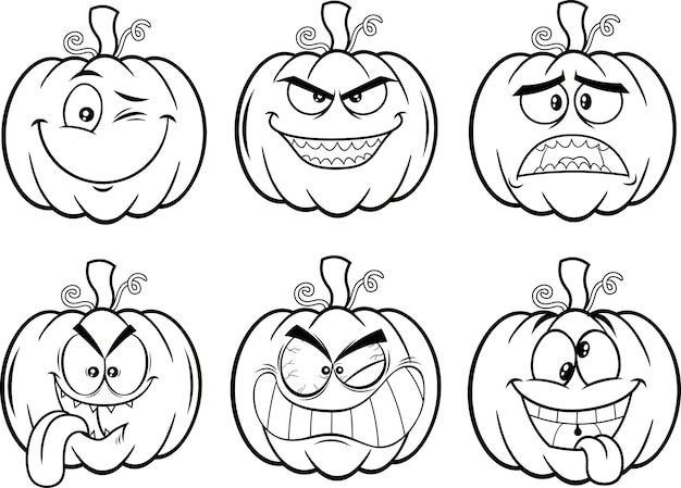 Outlined Halloween Pumpkin Cartoon Emoji Face Characters Vector Hand Drawn Collection Set