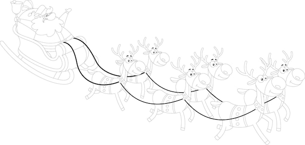 Outlined Happy Santa Claus Cartoon Character A Reindeers Flying In A Sleigh