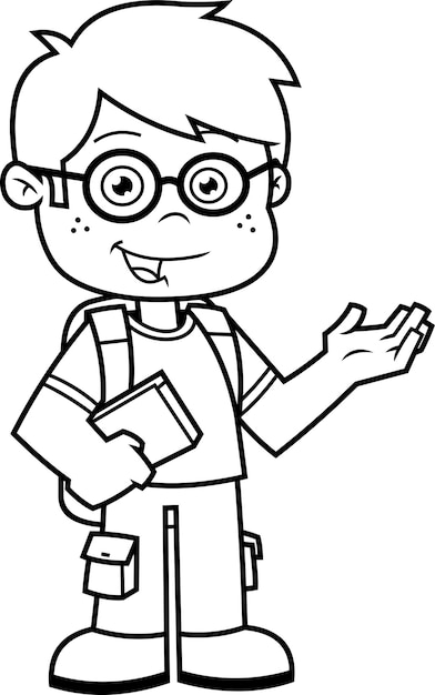 Outlined Happy School Boy Cartoon Character With Textbooks Speak. Vector Hand Drawn Illustration