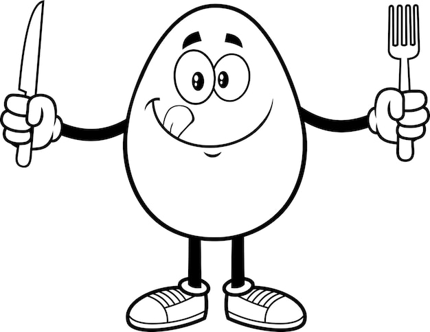 Outlined Hungry Egg Cartoon Mascot Character Licking His Lips And Holding Silverware