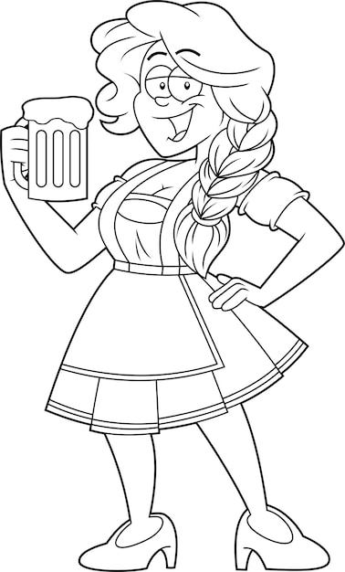 Outlined Oktoberfest Girl Cartoon Character In Traditional Bavarian Clothes Holding A Beer Glass