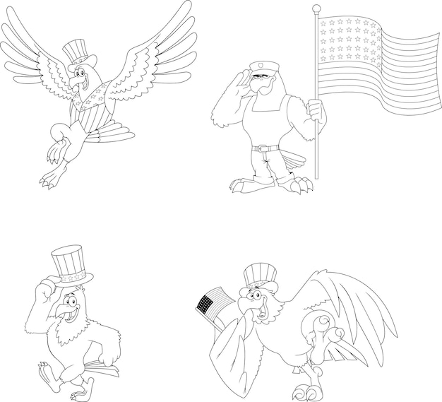 Outlined Patriotic Eagle Cartoon Characters Vector Collection Set Isolated On White Background