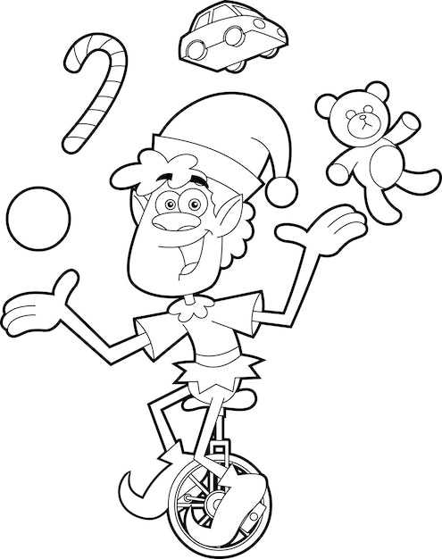 Outlined Santa's Little Elf Helper Cartoon Character Juggling With Toys And Riding One Wheel Bike