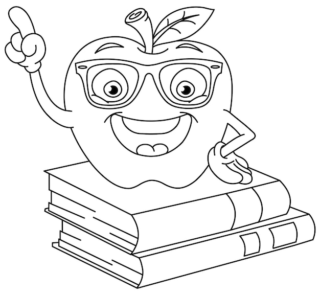 Outlined Smart Apple Pointing with his Finger Vector Line art Illustration Coloring Page