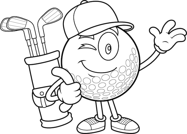 Vector outlined smiling golf ball cartoon character holding golf bag and waving