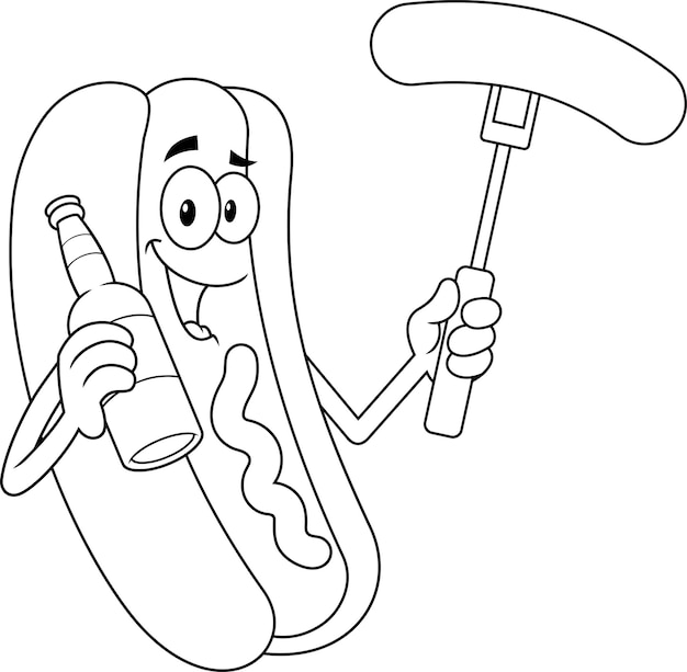 Outlined Smiling Hot Dog Cartoon Character Holding Beer And Sausage On A Fork