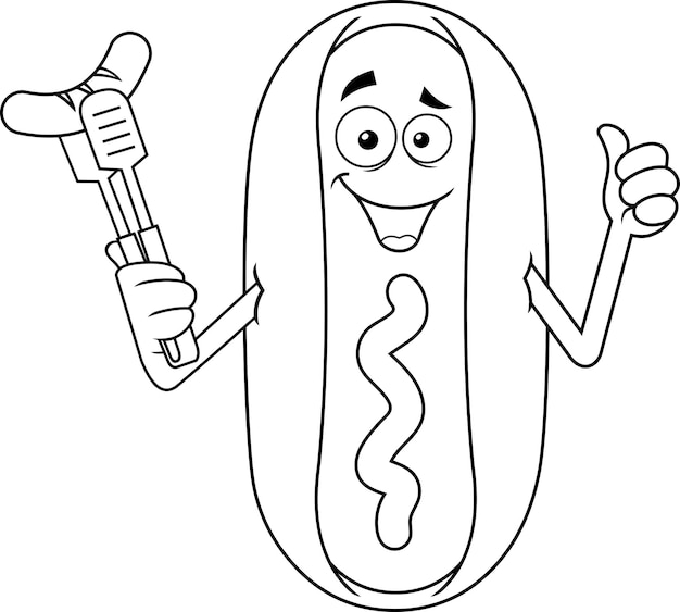 Outlined Smiling Hot Dog Cartoon Character Holding A Sausage On A Fork