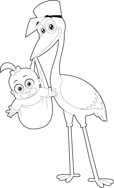 Outlined Stork Delivering A Baby Girl Cartoon Characters. Vector Hand Drawn Illustration