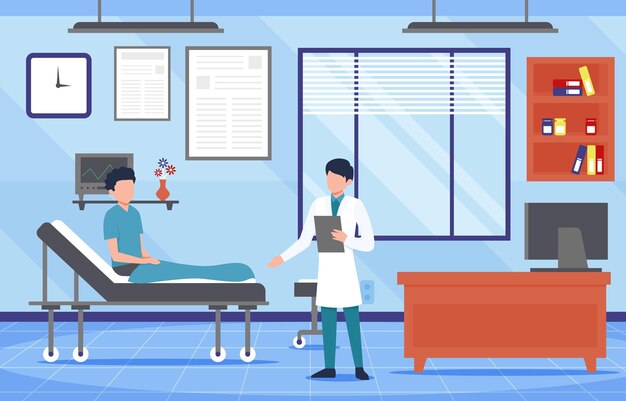 Vector outpatient department with doctor and patient characters hospital scene flat design vector