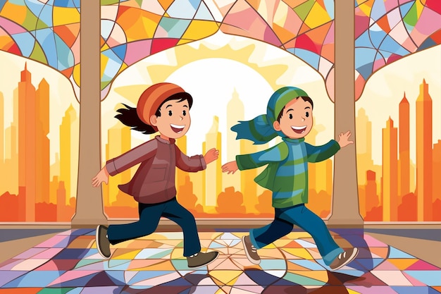 Vector outside cartoon picture of children running