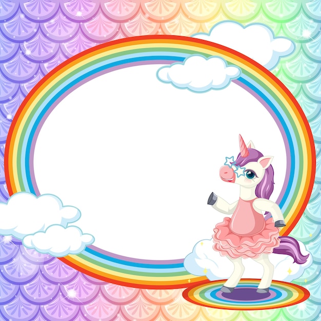 Oval frame template on rainbow fish scales background with unicorn cartoon character