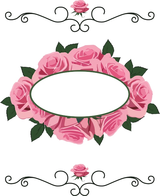 Vector oval frame with pink roses ang green leaves swirl elementscover template