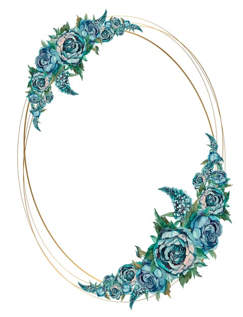 Oval gold frame with turquoise watercolor flowers. 