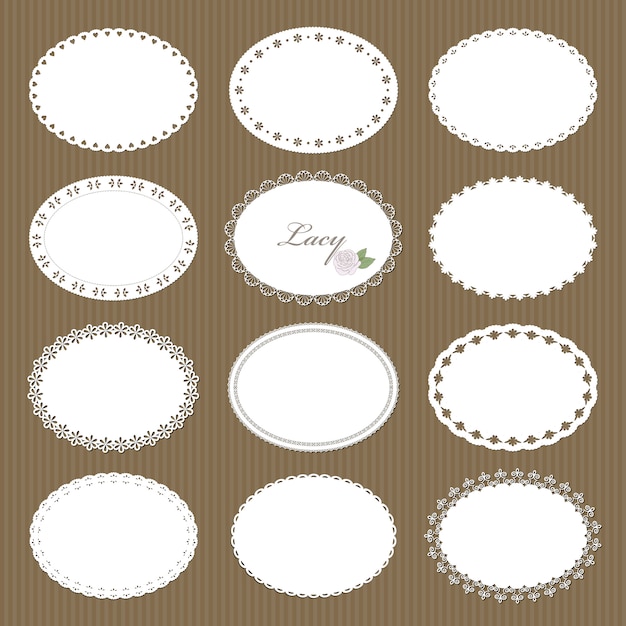 Oval lacy doilies big set on cardboard background