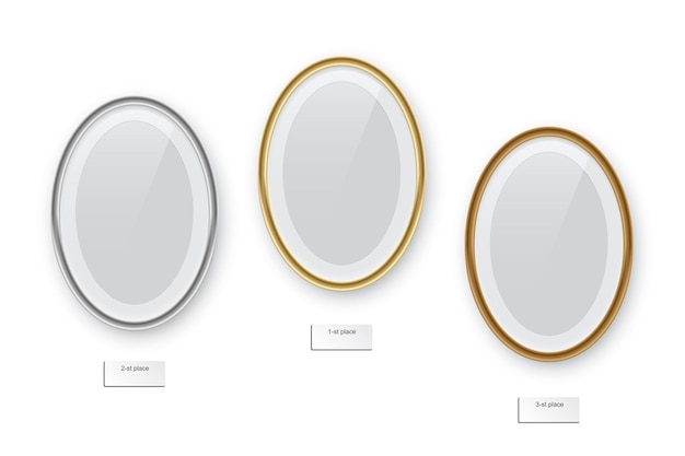 Oval podium frames golden silver and bronze borders isolated on white background