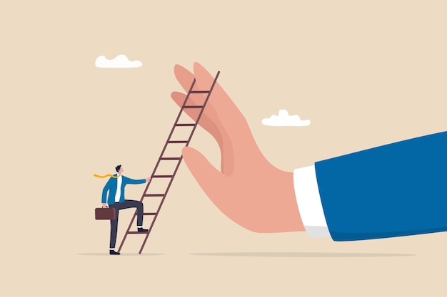 Overcome business obstacle, barrier or difficulty, challenge to solve business problem and see opportunity concept, ambitious businessman about to climb up ladder to overcome giant hand stopping him.