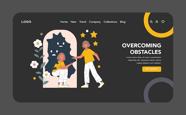 Overcoming obstacles night or dark mode web or landing page coaching aids in breaking through