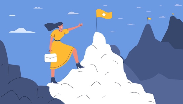 Overcoming obstacles Woman conquers top Businessman striving for success Female climbing mountain Employee achieving goal Challenge winner Rock peaks with flags Vector concept