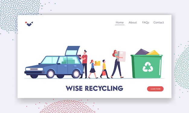 Overconsumption Landing Page Template. Family Characters with Children Loading Goods from Car to Litter Bin Full of Useless Things. People Throw Garbage for Recycling. Cartoon Vector Illustration