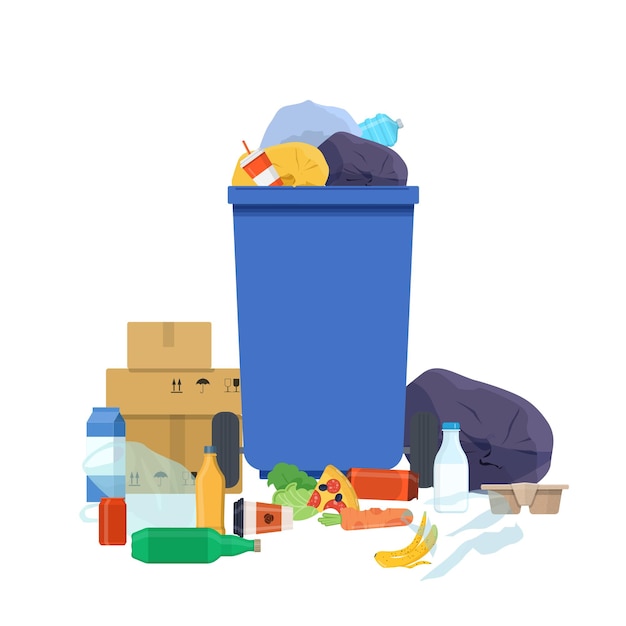 Overflowing garbage bin and various rubbish Vector illustration