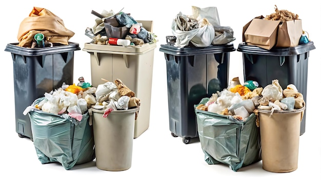 Overflowing Garbage Bins with Various Types of Waste for Environmental or Waste Management Designs