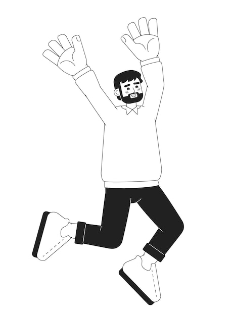 Overjoyed european man on cloud nine monochromatic flat vector character Man raising arms up Editable thin line full body person on white Simple bw cartoon spot image for web graphic design