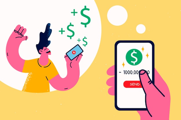 Overjoyed woman get paid with online transaction on smartphone. Happy girl receive wage or salary on cell, excited with payment. Web money transfer to mobile. Internet banking. Vector illustration.