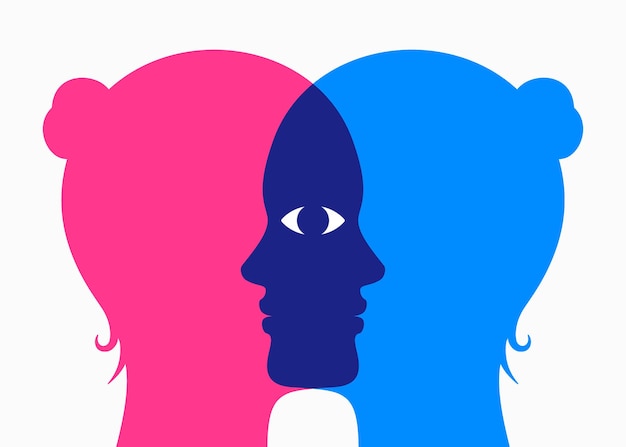 Overlapping woman faces with one shared eye Point of view concept vector illustration