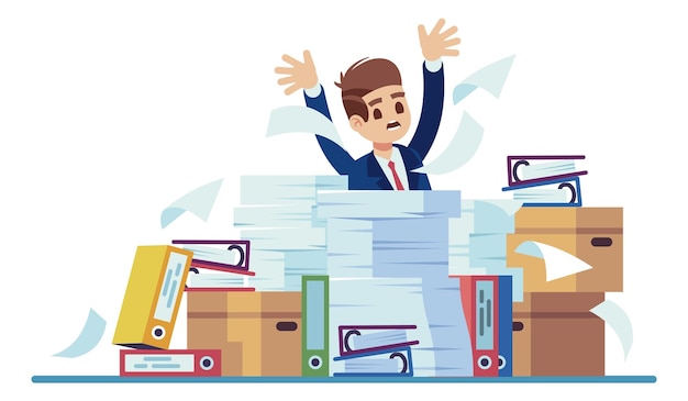 Vector overload work exhausted man in paper documents pile