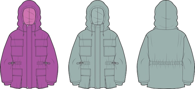 OVERSIZED ANORAK front and back flat sketch technical drawing vector illustration template