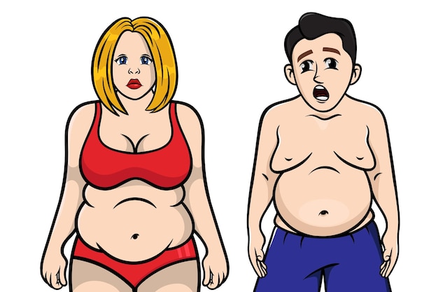 Overweight couple, Fat woman and man, Fat woman and man sad, Chubby people standing, Cartoon obese,