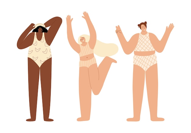 Overweight female characters set Body positive happy women of different races