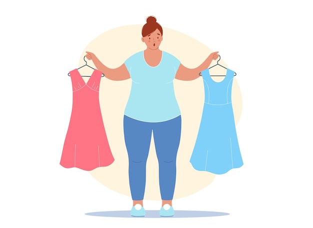 Overweight woman gets upset because of the extra pounds She is holding her old dresses in her hands which no longer fit they are too small for her