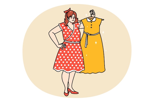 Overweight woman show dress on hanger