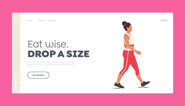 Overweight Woman Walking Landing Page Template Young Plus Size Girl Character in Sportswear Exercising to be Slim