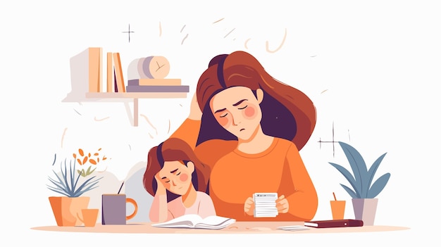 Vector overwhelmed mother supporting tired daughter stressful family moment