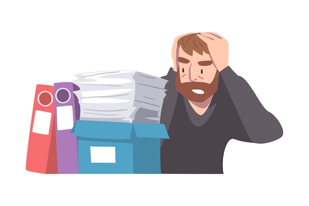 Vector overworked bearded man character holding head with his hands looking at pile of papers vector illustration