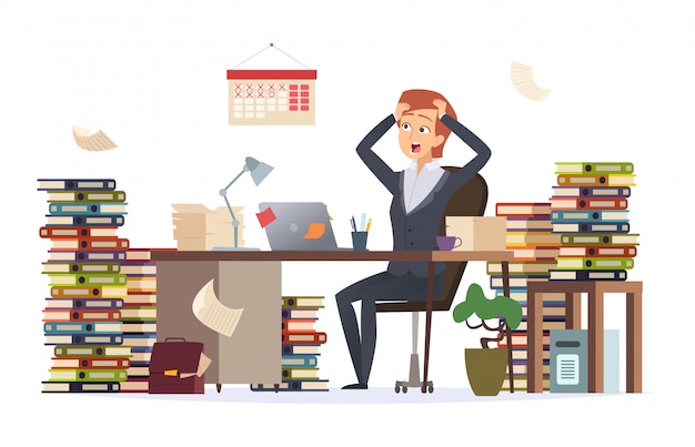 Overworked businesswoman. Asleep depressed tired hard work female manager sitting office desk in big pile of documents  character