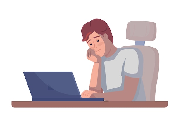 Overworked employee with laptop semi flat color vector character