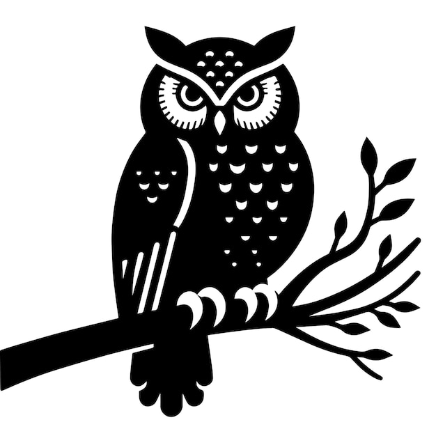 Owl bird sitting on the branch silhouette flat vector illustration