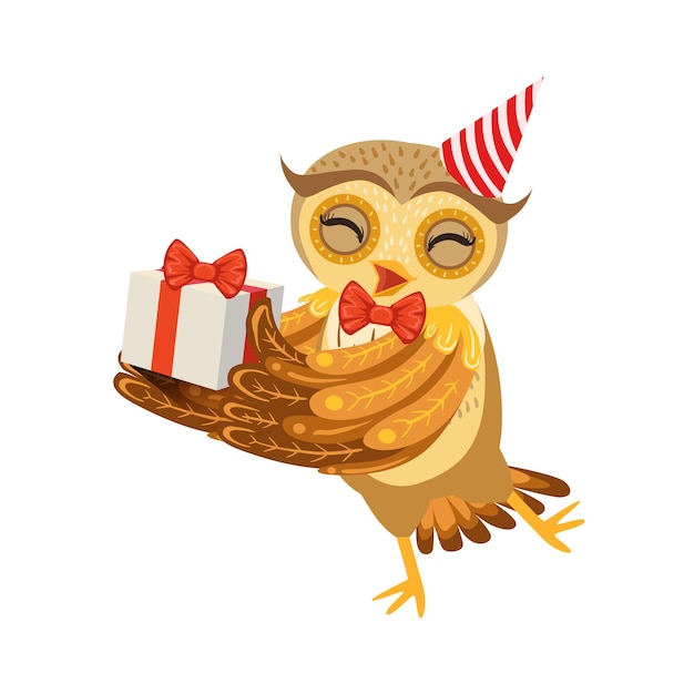 Owl And Birthday Present Cute Cartoon Character Emoji With Forest Bird Showing Human Emotions And Behavior